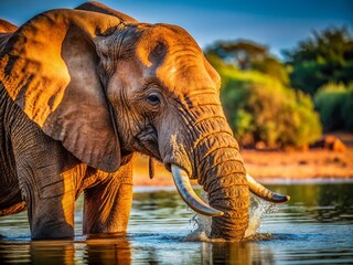 Fototapeta premium Elephant Drinking Water at Watering Hole - Candid Wildlife Photography
