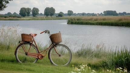 Obraz premium A retro bicycle with a woven basket placed by a calm pond in the countryside.