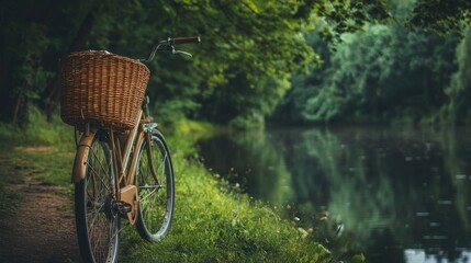 Fototapeta premium A retro bicycle with a woven basket placed by a calm pond in the countryside.