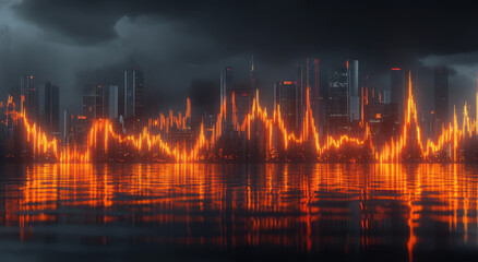 Naklejka premium Glowing stock market graph depicting fluctuations in urban financial landscape reflecting economic trends and investor sentiment