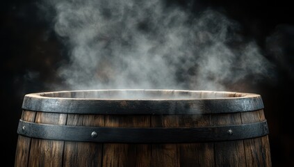 A wooden barrel filled with steam against a dark background, symbolizing the power of hot water and its healing properties for skin care.
