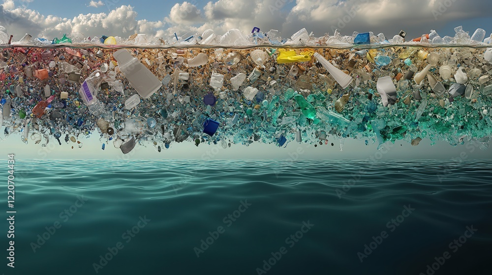 Poster timeline model showing the degradation and eventual transformation of plastics into microplastics ov