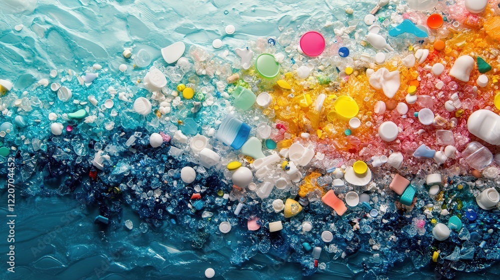 Poster timeline model showing the degradation and eventual transformation of plastics into microplastics ov