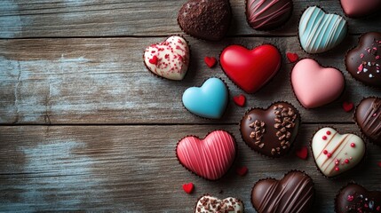 Variety of colorful heart shaped chocolates on rustic wooden surface for valentine's day gifts