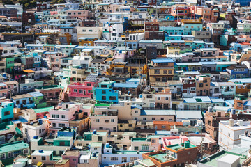View of Gamcheon Culture village, Busan city, South Korea, Gamcheon-dong, Saha District, beautiful view of streets and multicoloured houses in a summer sunny day, Republic of Korea travel