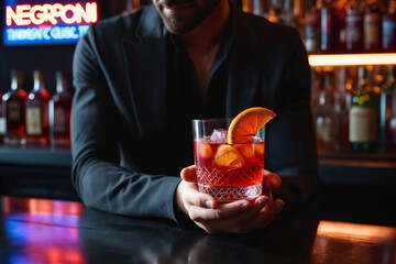 Man Holding Negroni Cocktail in Moody Lounge Setting