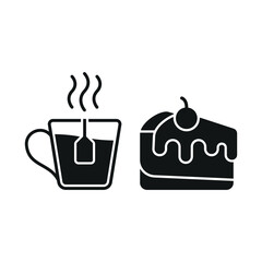 Tea mug drink and cheesecake food icon illustrated in a vibrant and playful cartoon style, bursting with cheerful colors and dynamic details, ideal for casual dining, fun branding, and creative design