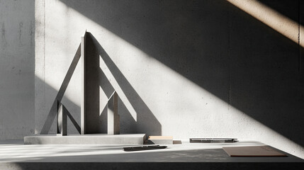 Minimalist Workspace with Geometric Shapes and Soft Lighting