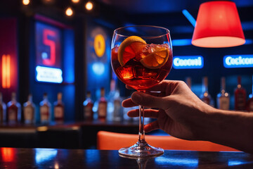 man hand hold glass red coktail in bar