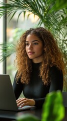 A young Latinx woman with curly hair working on a laptop in a modern co-working space, 