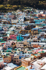 View of Gamcheon Culture village, Busan city, South Korea, Gamcheon-dong, Saha District, beautiful view of streets and multicoloured houses in a summer sunny day, Republic of Korea travel