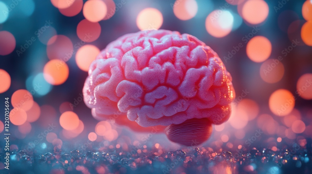 Poster close-up of a realistic human brain model surrounded by colorful bokeh lights, symbolizing creativit