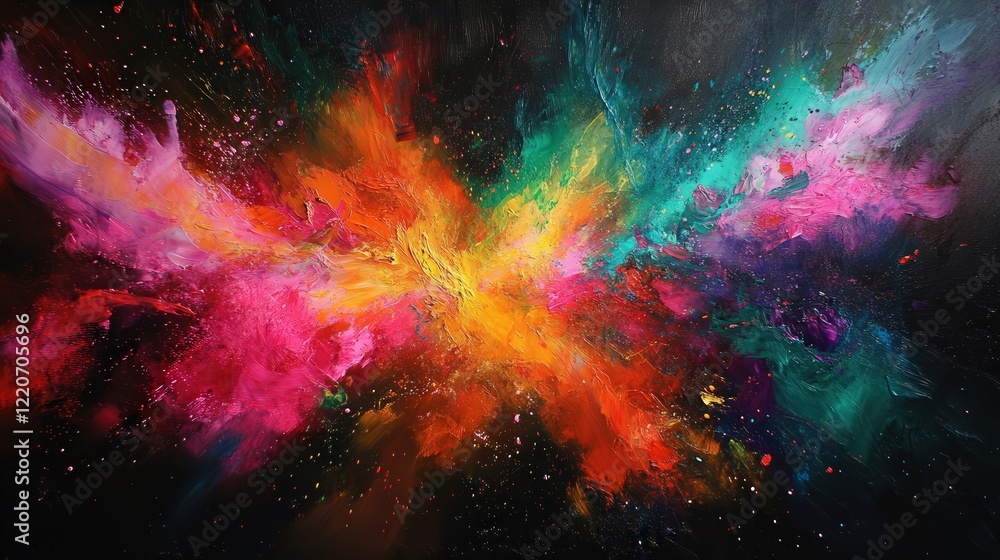 Poster vibrant display of particles of matter colliding and fusing, emitting soft neon hues in a dark void