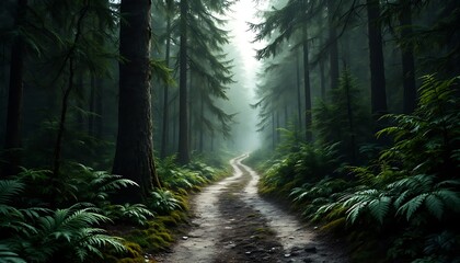 Fototapeta premium Misty Forest Path Winding Through Tall Trees Lush Greenery