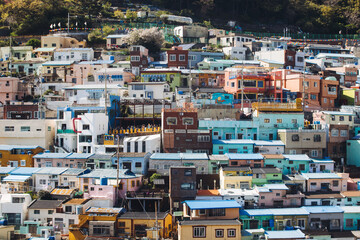 View of Gamcheon Culture village, Busan city, South Korea, Gamcheon-dong, Saha District, beautiful view of streets and multicoloured houses in a summer sunny day, Republic of Korea travel