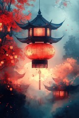 Obraz premium Lunar New Year Lanterns Hanging with Pagodas in Misty Red Landscape