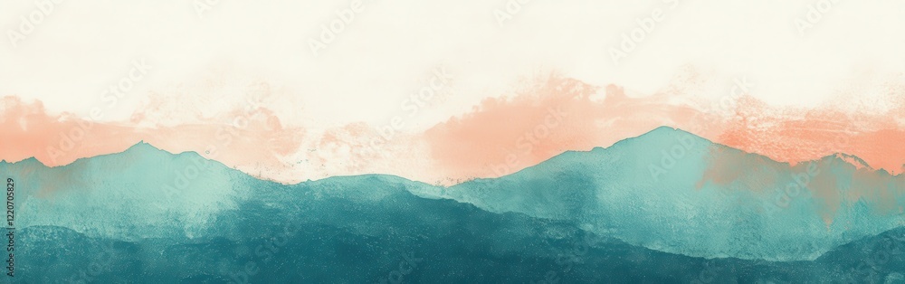 Poster elegant silhouette of a mountain range at sunset with soft hues of orange and teal creating a serene