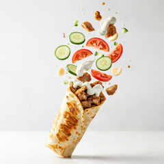 Doner kebab or shawarma with ingredients floating in the air: beef meat, lettuce, onion, tomatos, spice. White background. Copy space.