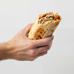 Man holding tasty chicken shawarma on white background, closeup