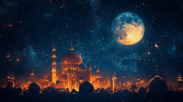 Magical Nightscape of a Mosque City under a Starry Sky and Glowing Moon