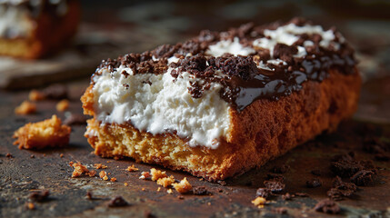 Crispy Hot Filled Creamy Roulade On Wooden Table On Blurry Background