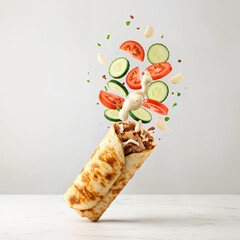 Doner kebab or shawarma with ingredients floating in the air: beef meat, lettuce, onion, tomatos, spice. White background. Copy space.