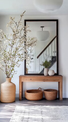 Scandinavian modern minimalist hallway interior design with a large painting on the wall.