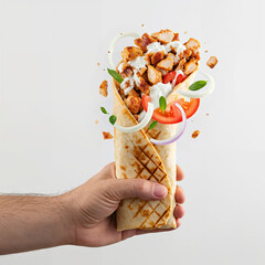 Man holding tasty chicken shawarma on white background, closeup