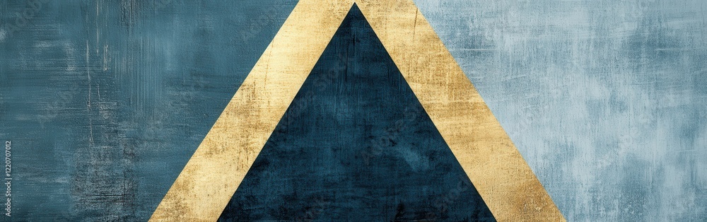 Poster elegant minimalist design featuring a single triangle with gold accents on a textured blue backgroun
