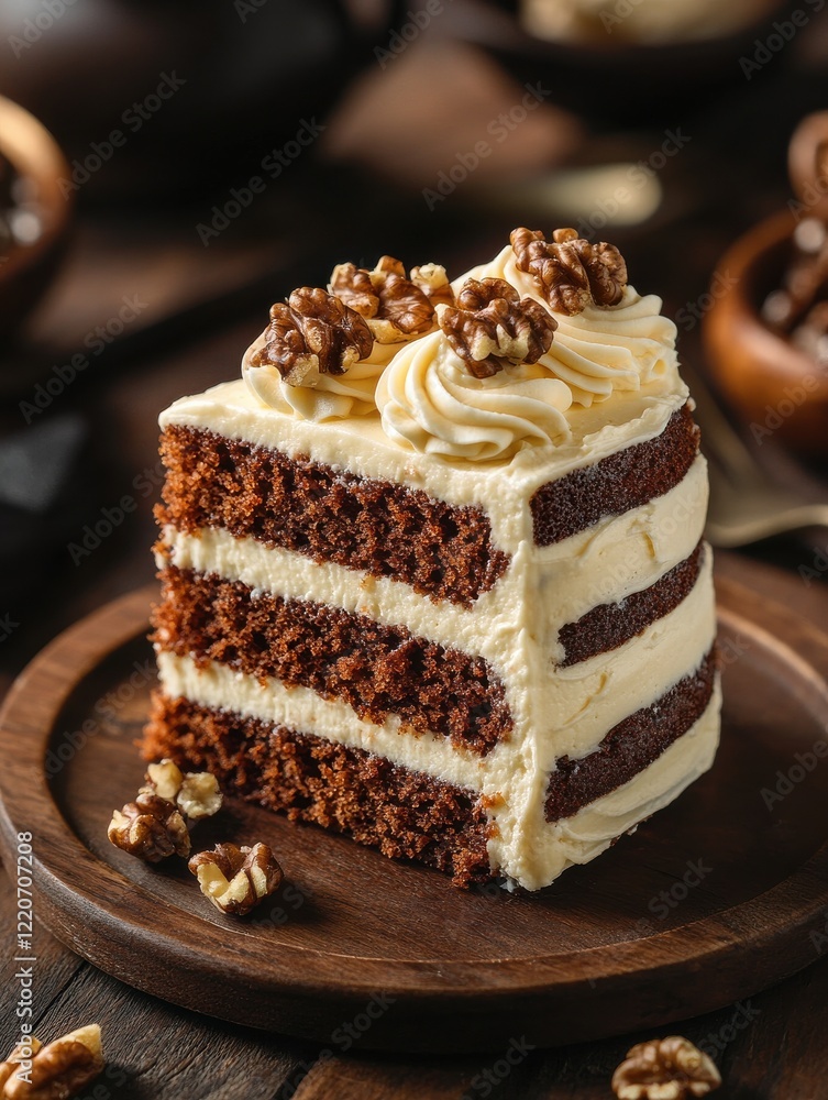 Poster Close-up view of a delicious slice of carrot cake topped with cream and walnuts on a rustic wooden plate