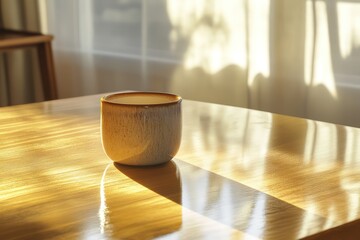 A minimalist caf?(C) table with a ceramic coffee cup, sunlight creating a golden glow on the polished wooden surface