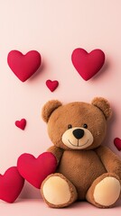 Adorable Teddy Bear With Red Hearts On Pink Background