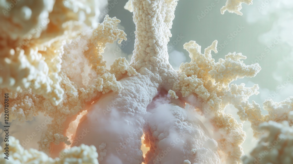 Poster visual model showing fine dust particles entering the lungs and triggering a cough, symbolizing the 
