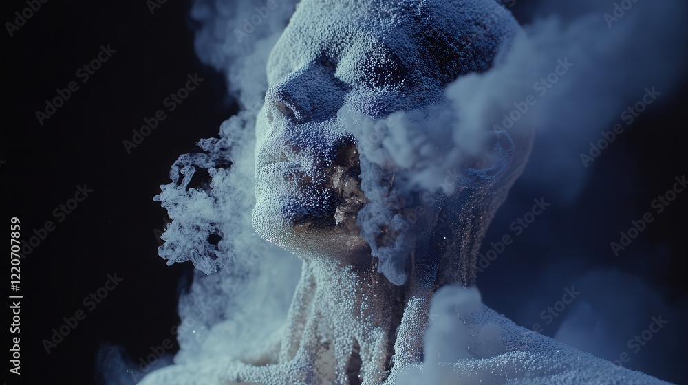 Poster visual model showing fine dust particles entering the lungs and triggering a cough, symbolizing the 