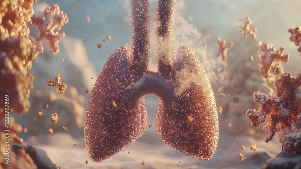 Aufkleber visual model showing fine dust particles entering the lungs and triggering a cough, symbolizing the 