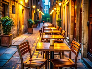 Empty Wooden Tables & Chairs in Charming Alleyway Cafe - Ready for Customers
