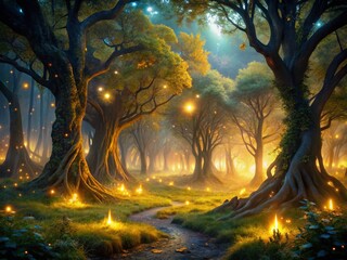 Naklejka premium Enchanted Forest Night: Golden Lights Dance in Dark Woods