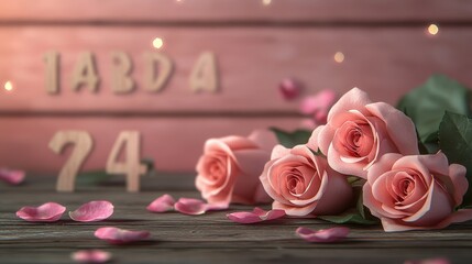 Romantic valentines message with pink roses on wooden table and petals