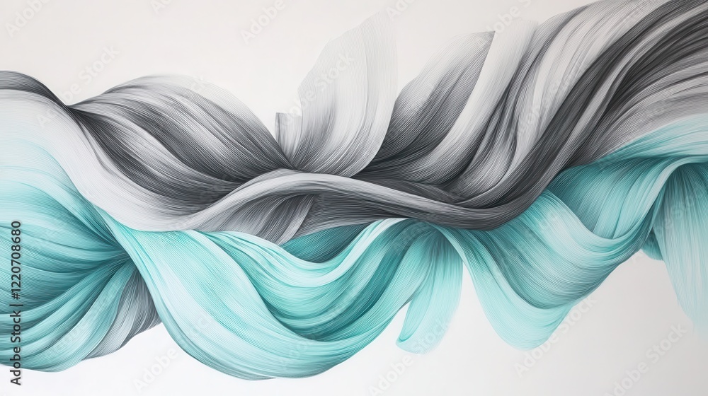 Poster pencil strokes blending gray and teal create a flowing abstract composition resembling waves