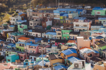 View of Gamcheon Culture village, Busan city, South Korea, Gamcheon-dong, Saha District, beautiful view of streets and multicoloured houses in a summer sunny day, Republic of Korea travel