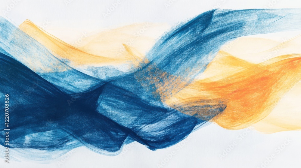 Poster abstract pencil strokes blending shades of blue with hints of warm color in a fluid composition