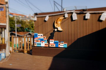 Obraz premium View of Gamcheon Culture village, Busan city, South Korea, Gamcheon-dong, Saha District, beautiful view of streets and multicoloured houses in a summer sunny day, Republic of Korea travel