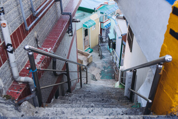 View of Gamcheon Culture village, Busan city, South Korea, Gamcheon-dong, Saha District, beautiful view of streets and multicoloured houses in a summer sunny day, Republic of Korea travel