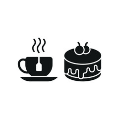 Tea mug drink and cheesecake food icon illustrated in a vibrant and playful cartoon style, bursting with cheerful colors and dynamic details, ideal for casual dining, fun branding, and creative design