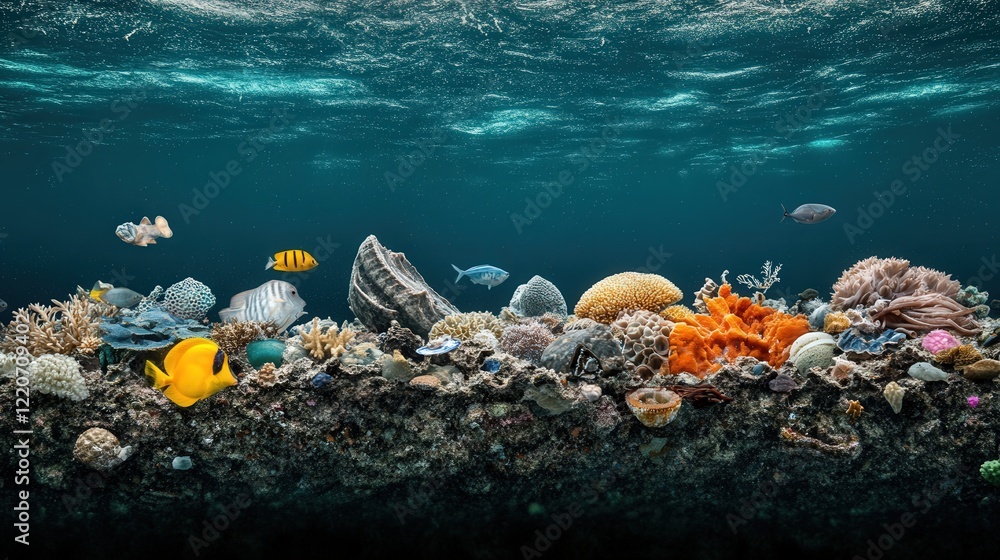 Poster visual showing the size comparison between microplastics and other pollutants in marine ecosystems.