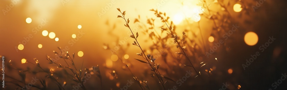Poster golden yellow and deep warm gradient light illuminating delicate foliage during sunset in a serene n