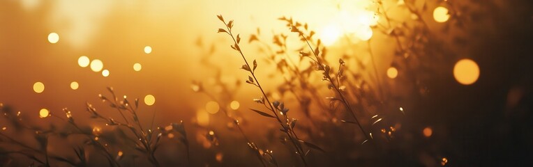 Golden yellow and deep warm gradient light illuminating delicate foliage during sunset in a serene natural setting