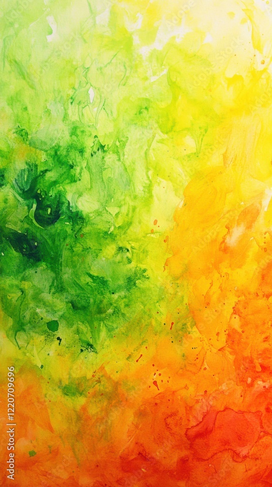 Poster Vibrant watercolor background transitioning from green to orange in a dynamic and colorful blend