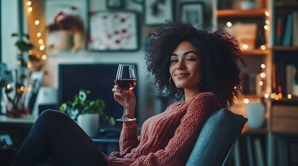 Woman unwinding in her modern office with a glass of wine and surrounded by self-care and Valentine accents