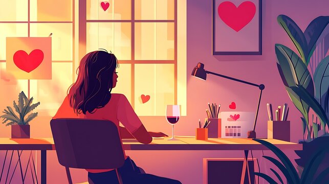 Woman unwinding in her modern office with a glass of wine and surrounded by self-care and Valentine accents